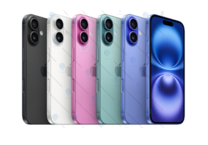 iPhone 16 Plus shown in five colors including Black, White, Pink, Teal, and Ultramarine