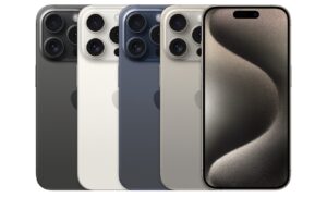 Apple iPhone 15 Pro titanium body with Super Retina XDR OLED display and dual rear camera