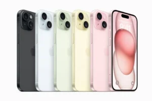 Apple iPhone 15 Plus showing large OLED display on the front, back and dual-camera glass back in all five official colours