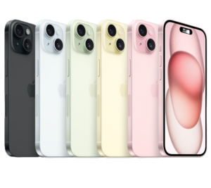 Apple iPhone 15 smartphone showing front and back OLED display in all five official colours and rear dual-camera glass design